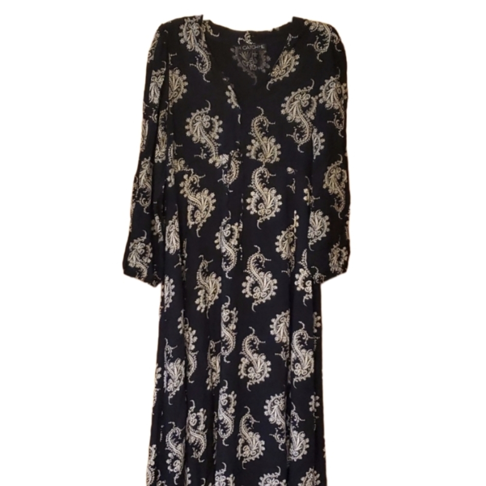 Catch Me Womans Black Floral Long Sleeve Boho Maxi Dress Size Large